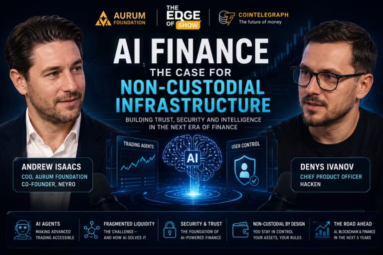 Andrew Isaacs and Denys Ivanov discussing non-custodial AI finance, trading agents, security, and user-controlled digital assets