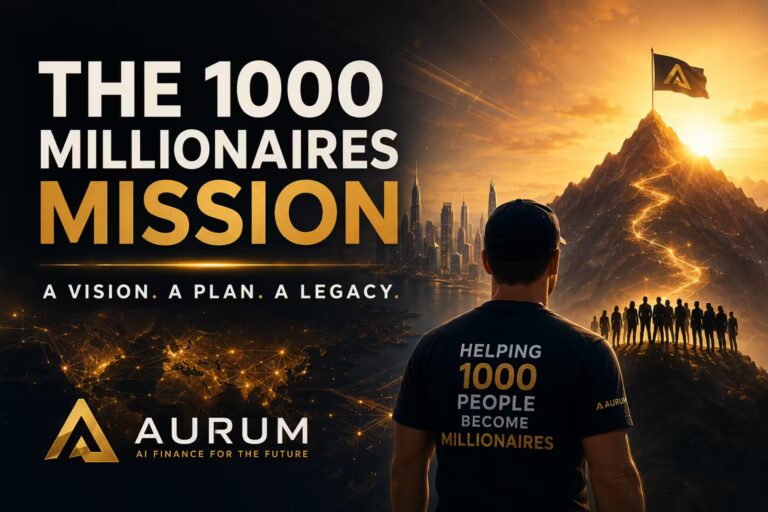 Aurum 1000 Millionaires Mission featured image showing a global AI finance network, a city skyline, and a path toward a mountain summit.