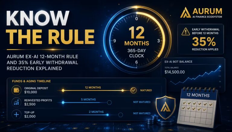 Aurum EX-AI 12-month clock and 35 percent early-withdrawal reduction shown in a blue-and-gold financial dashboard.