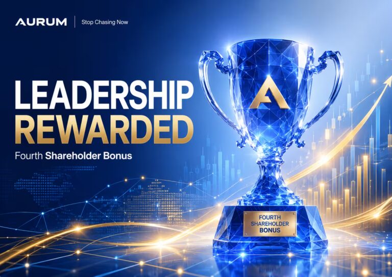 AURUM Leadership Rewarded graphic featuring a blue crystal trophy, gold growth charts, and the fourth Shareholder Bonus announcement.