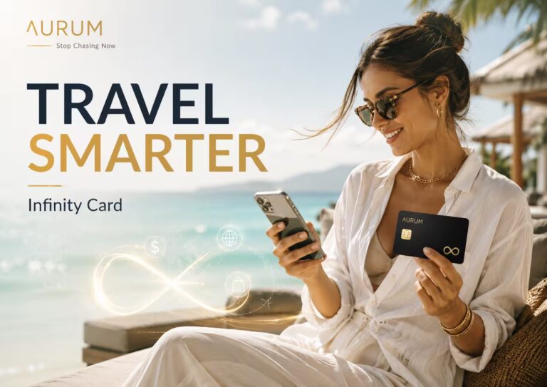 AURUM Infinity Card featured image showing a traveler using a smartphone and premium digital asset card at a beach resort