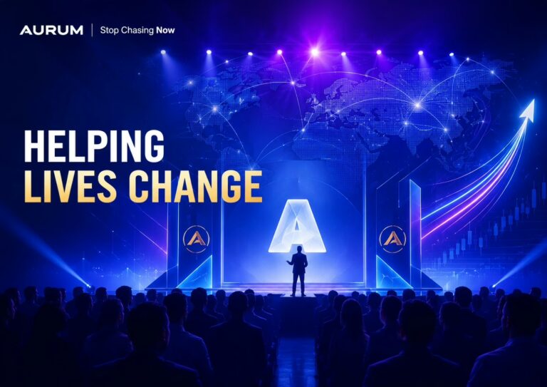 Stage presentation at the AURUM Leadership Event 2026 in Antalya featuring the Helping Lives Change message, global network graphics, and AURUM branding.