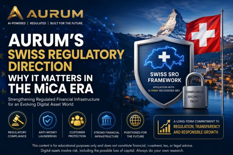Illustration of AURUM’s Swiss regulatory direction with a Swiss flag, compliance shield, and MiCA-era digital finance theme.