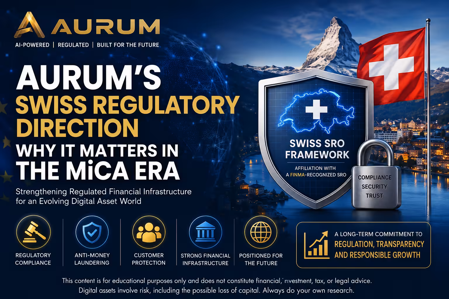 Illustration of AURUM’s Swiss regulatory direction with a Swiss flag, compliance shield, and MiCA-era digital finance theme.