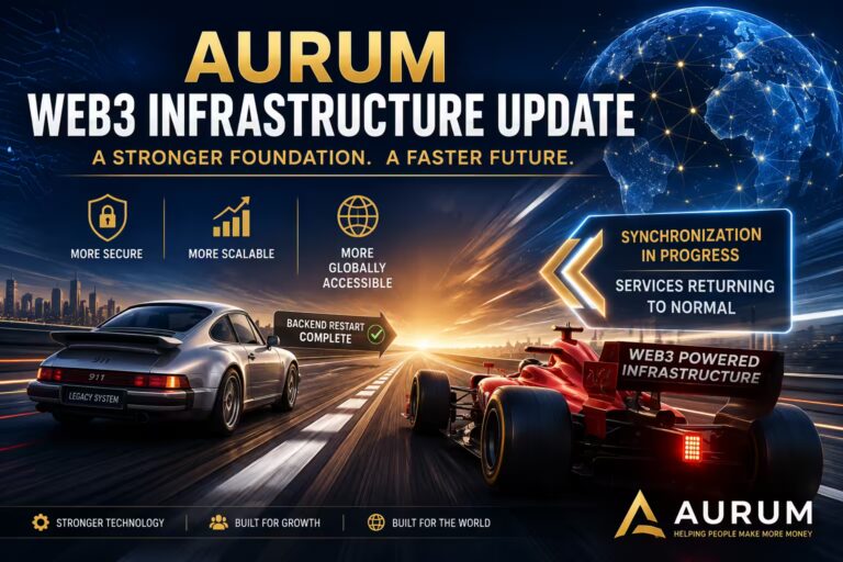 Aurum Web3 infrastructure update featuring a connected digital globe, a legacy sports car, and a Formula 1-style race car symbolizing the platform migration.