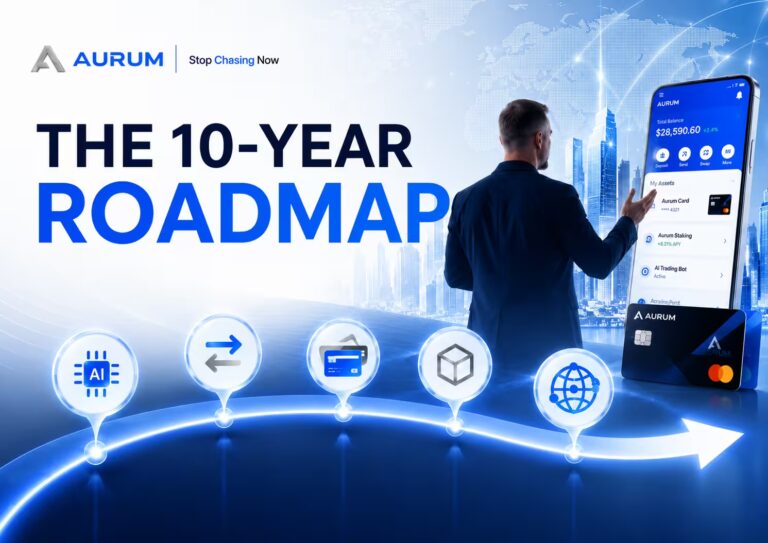 Aurum Foundation 10-year roadmap featuring AI trading, exchange, neobank, real-world assets, and a global financial ecosystem.