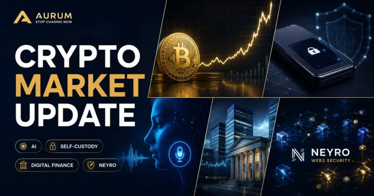 Crypto market update graphic showing Bitcoin momentum, AI voice technology, self-custody security, digital finance, and Neyro Web3 security.