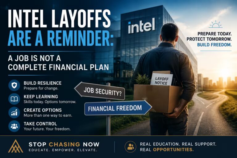 Professional graphic showing a laid-off technology worker outside an Intel building, with signs pointing from job security toward financial freedom.