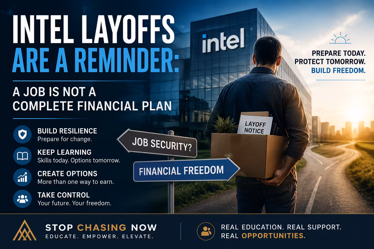 Professional graphic showing a laid-off technology worker outside an Intel building, with signs pointing from job security toward financial freedom.