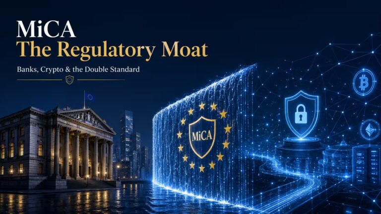 MiCA regulatory moat showing crypto companies facing stricter rules while traditional banking keeps structural advantages