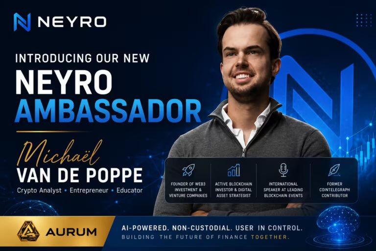 Michaël van de Poppe featured in a Neyro Ambassador announcement graphic with Aurum and AI-finance branding