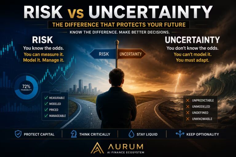 A dramatic split-road image showing the difference between risk and uncertainty for investors, with Aurum AI finance branding.