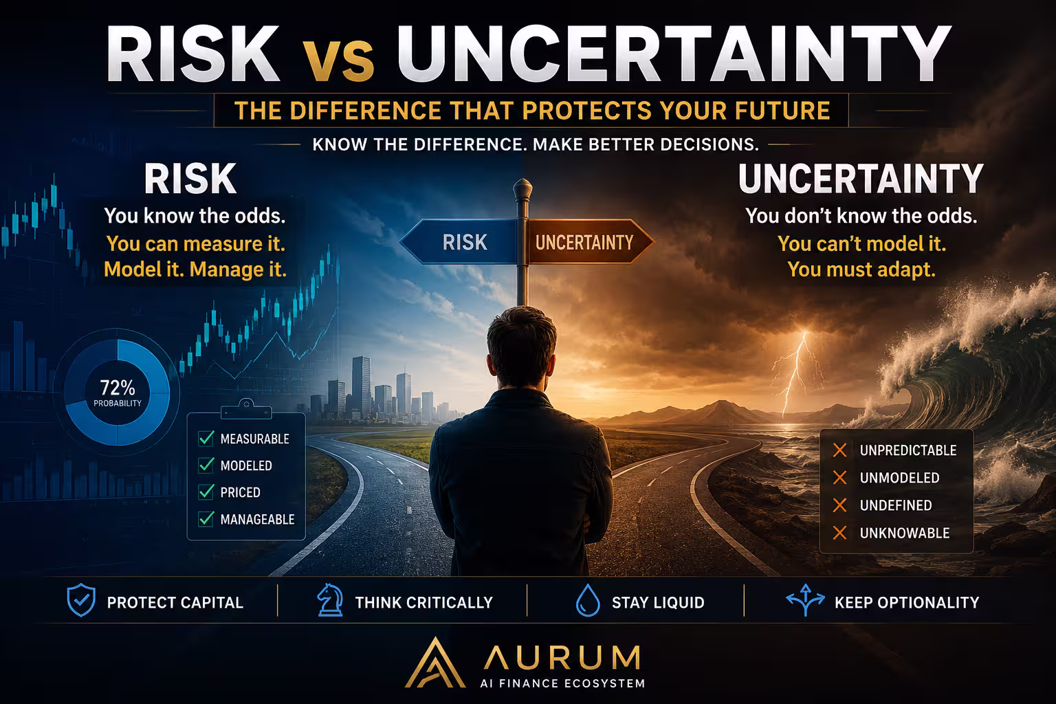 A dramatic split-road image showing the difference between risk and uncertainty for investors, with Aurum AI finance branding.