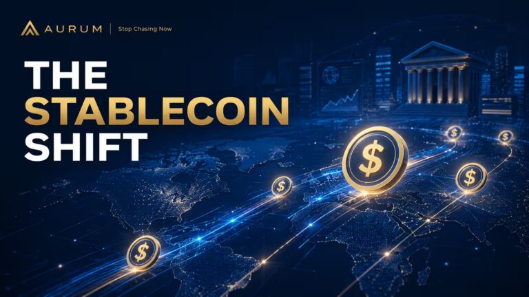 Stablecoins moving across a global digital finance network with Aurum branding