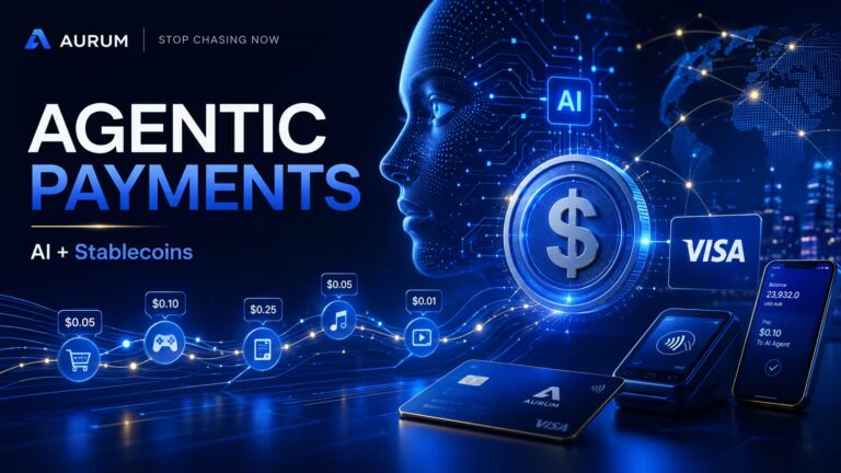 AI agent using stablecoins for programmable payments, illustrating Visa’s vision for agentic commerce and Aurum’s AI finance ecosystem.