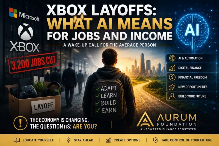 A dramatic featured image showing Xbox layoffs, AI disruption, and a path toward digital finance and future income opportunities.
