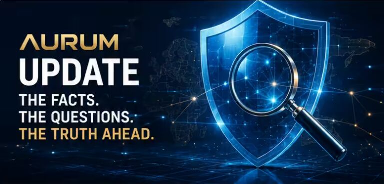 Aurum update graphic with a blue shield and magnifying glass over a digital world map, with the text The Facts, The Questions, The Truth Ahead.