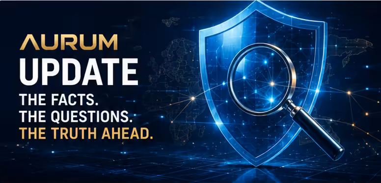 Aurum update graphic with a blue shield and magnifying glass over a digital world map, with the text The Facts, The Questions, The Truth Ahead.